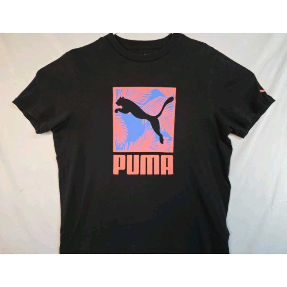 Puma Shirt Mens Large Black Tropical Graphic Logo Tee Short Sleeve Cotton